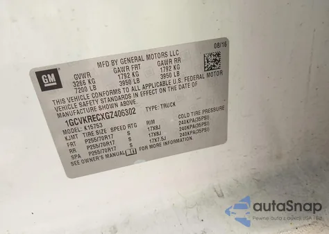 2016 Chevrolet Silverado 1500 Lt из США, поврежденный, VIN 1GCVKRECXGZ406302